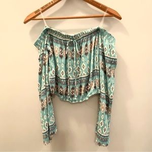 Peach Love California Womens Boho Crop Top Off Shoulder Pale Blue Size Medium